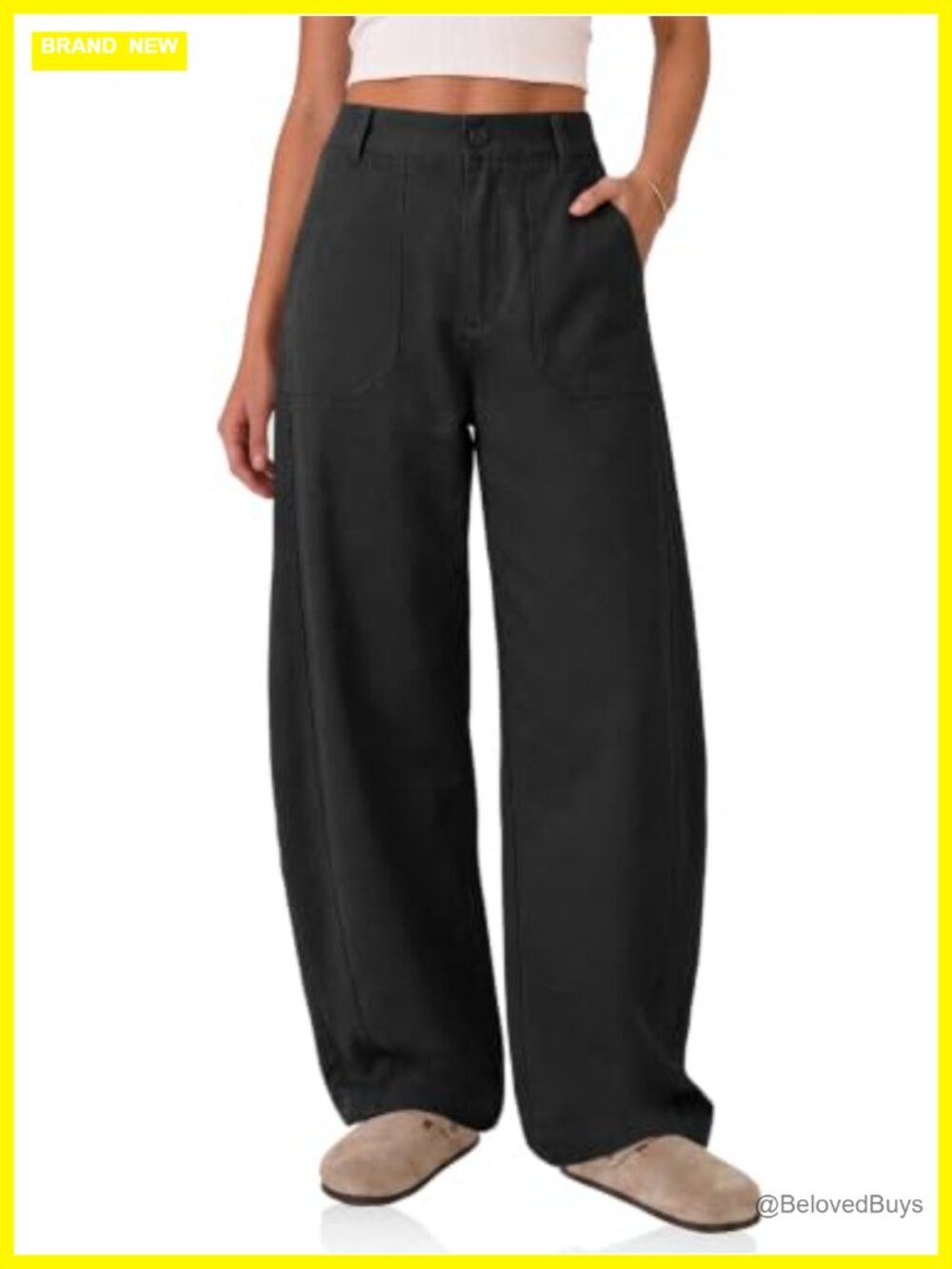 High Waisted Barrel Pants Wide Leg Cuffed Loose Fit Side Pockets Casual